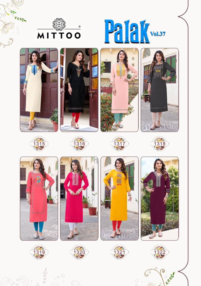 Palak Vol 37 By Mittoo Rayon Embroidery Kurtis Wholesalers In Delhi